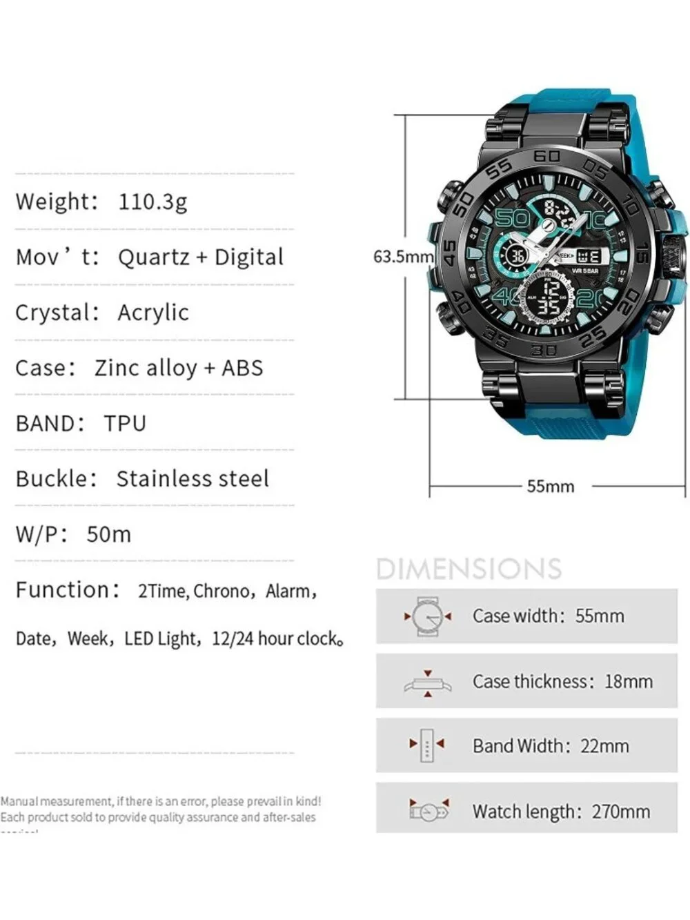 Men Tran Blue Analog Quartz Waterproof Sports Outdoor Military LED Digital Watch